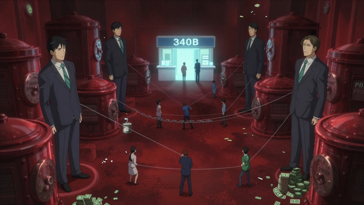 Giant PBMs pull rebate strings over tiny patients while a 340B clinic glows in distance.