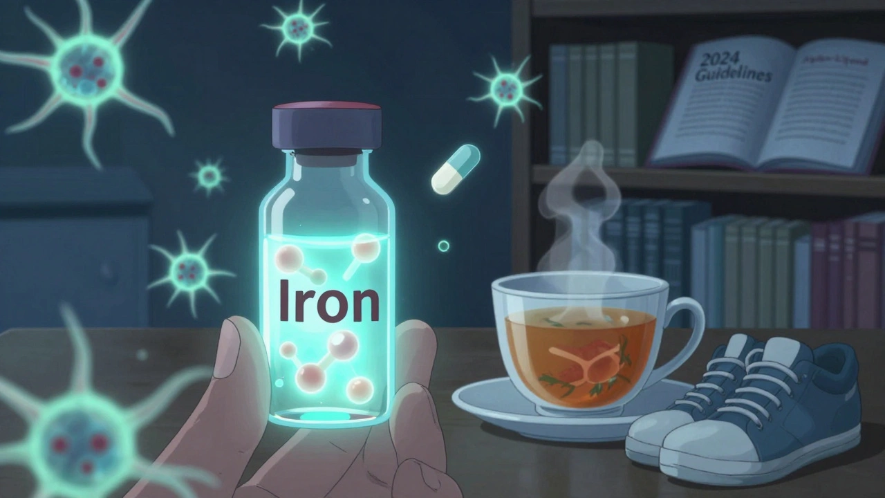 Iron supplement next to brain neurons and medical guidelines, representing the shift to evidence-based RLS care.