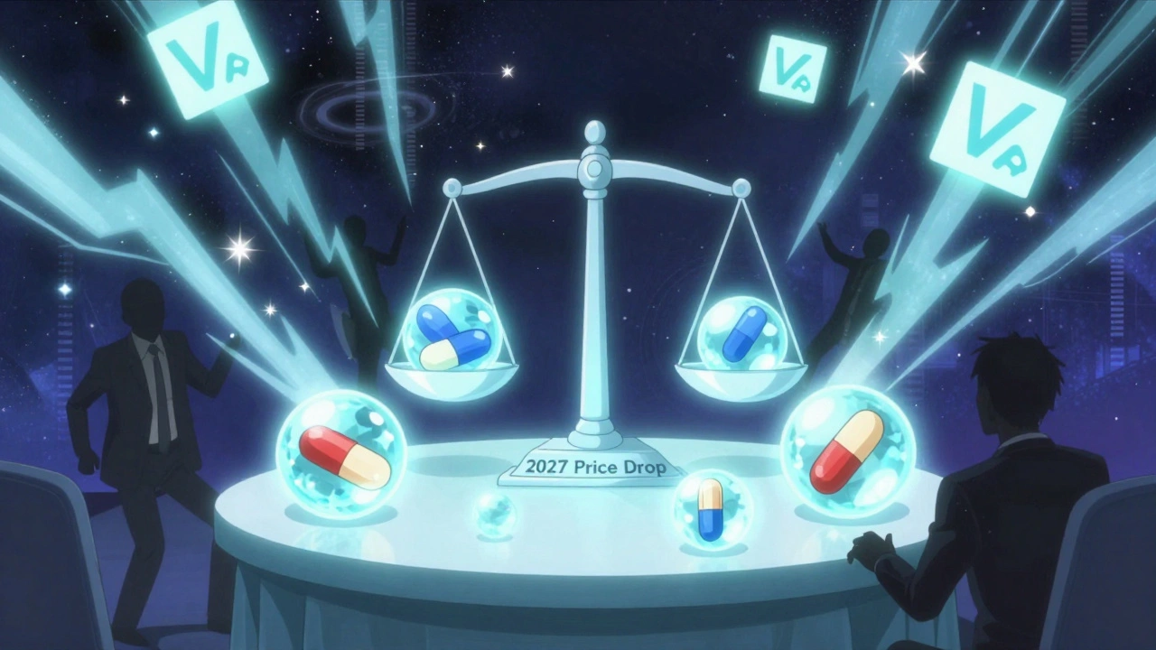 Medicare negotiates generic drug prices as crystalline orbs on a cosmic scale.