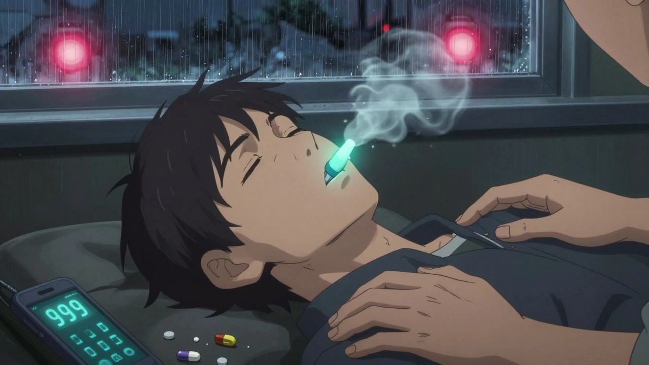 Naloxone nasal spray being administered to an unconscious person, emergency phone visible, rain on window.