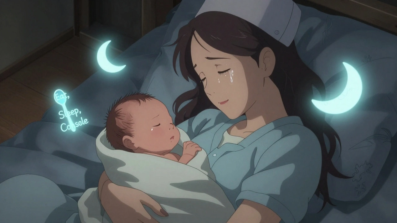 Newborn baby held skin-to-skin with mother, gentle rocking, floating symbols of Eat, Sleep, Console in soft light.