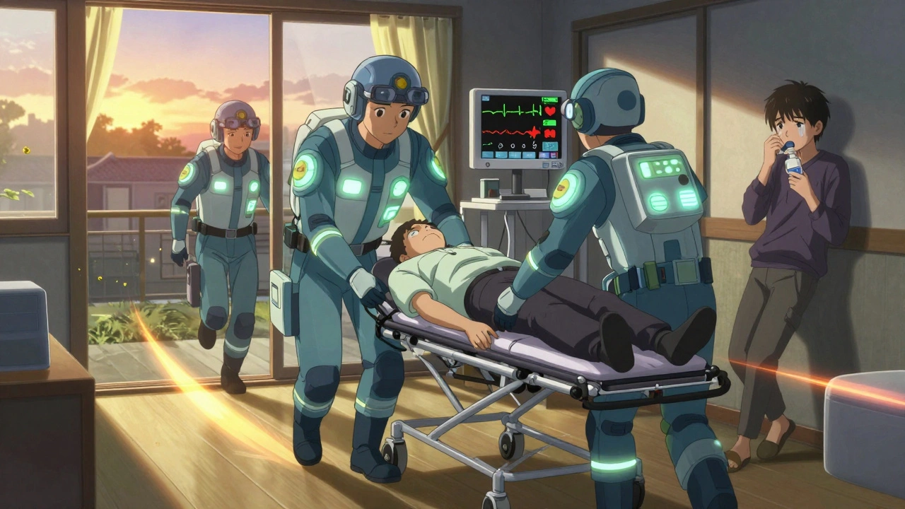 Paramedics transporting a revived overdose patient as dawn light enters the room, bystander watching in relief.