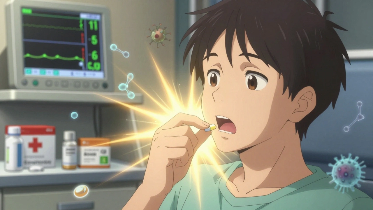 Patient swallowing an antibiotic pill during a safe oral challenge, with glowing medical monitors showing stable vitals.