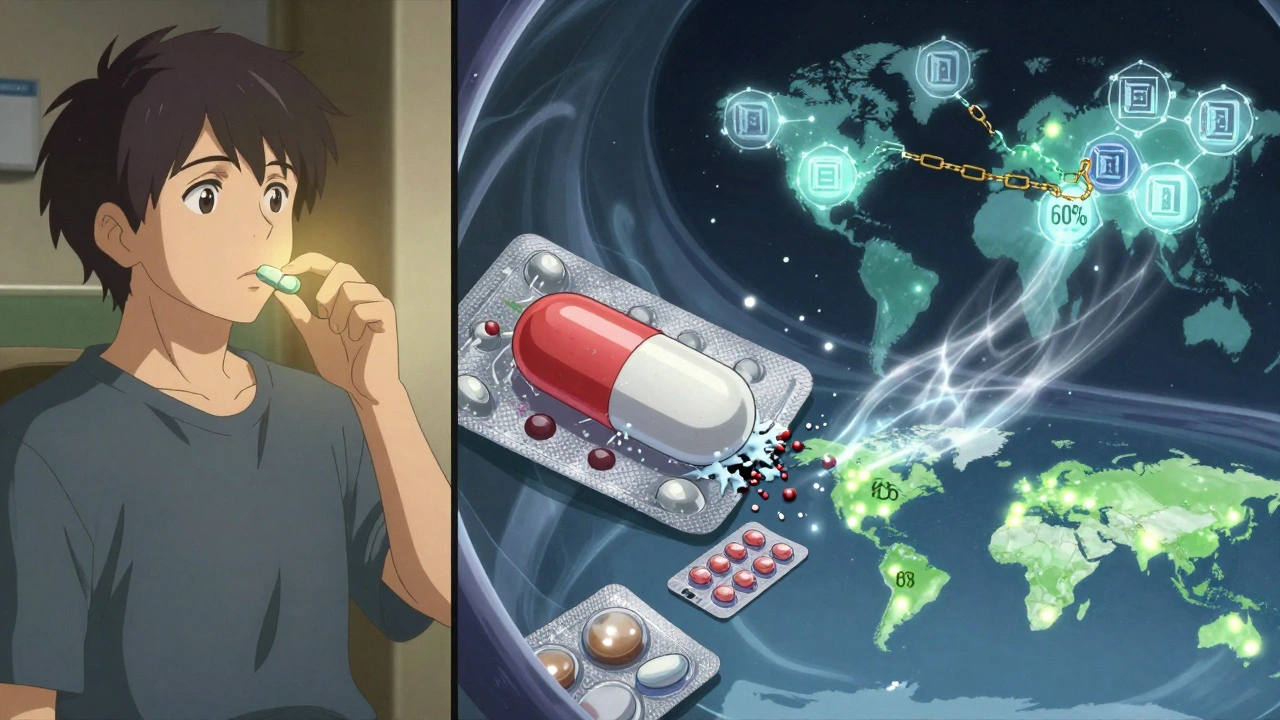 Patient swallowing pill as microscopic degradation and blockchain data flow around it.