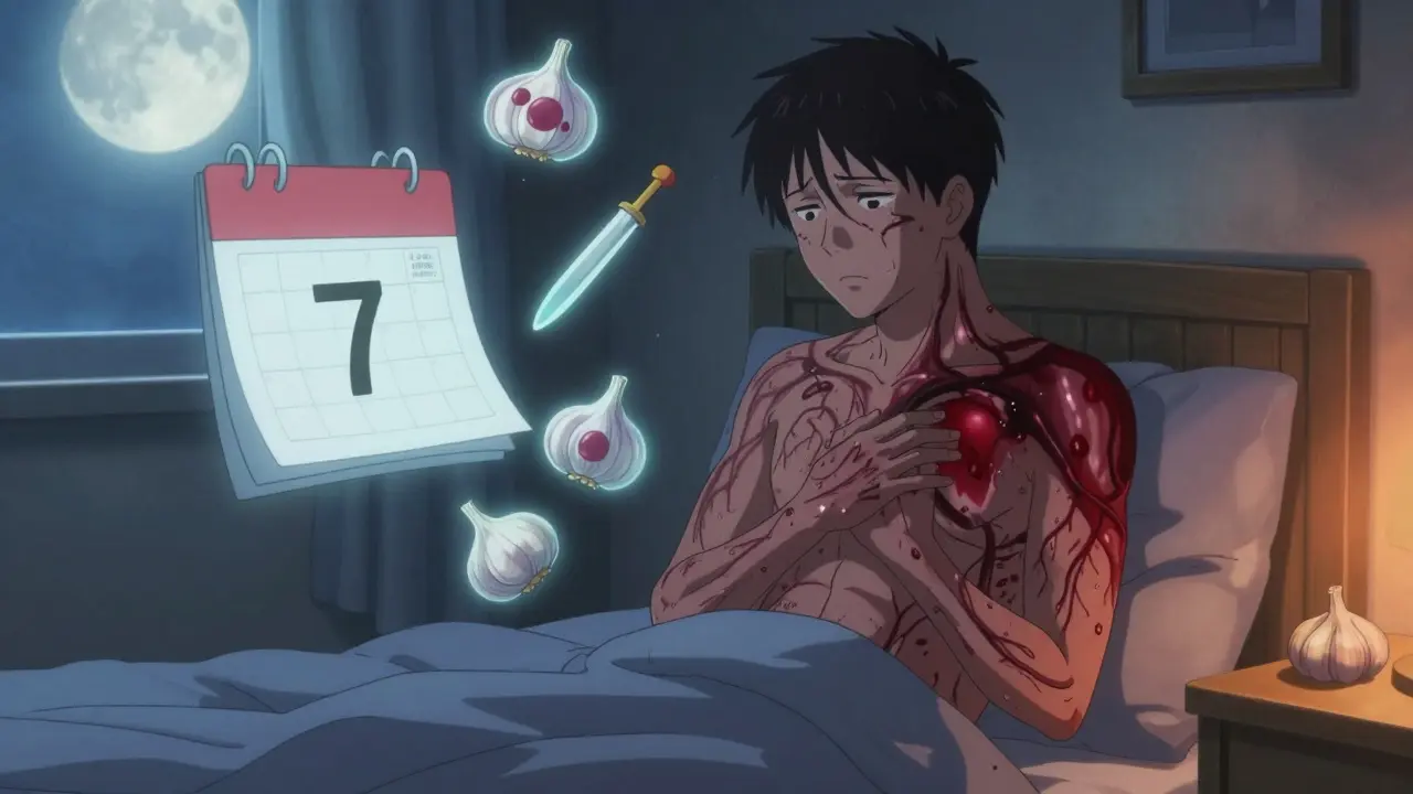 Patient with spreading dark veins, surrounded by ghostly garlic symbols, as a calendar shows '7 DAYS BEFORE SURGERY'.