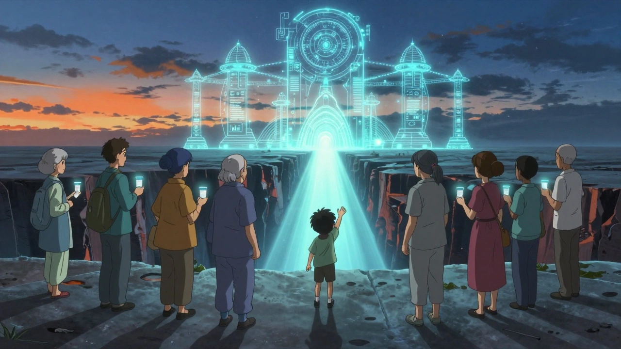 Patients reaching toward a digital bridge of light as real-time approval flows toward them in a twilight scene.