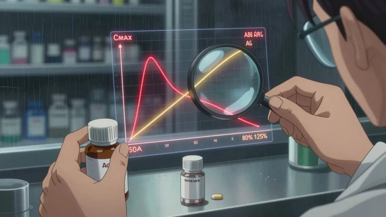 Pharmacist's hands comparing pill bottles with glowing bioequivalence graphs projected in hologram form.