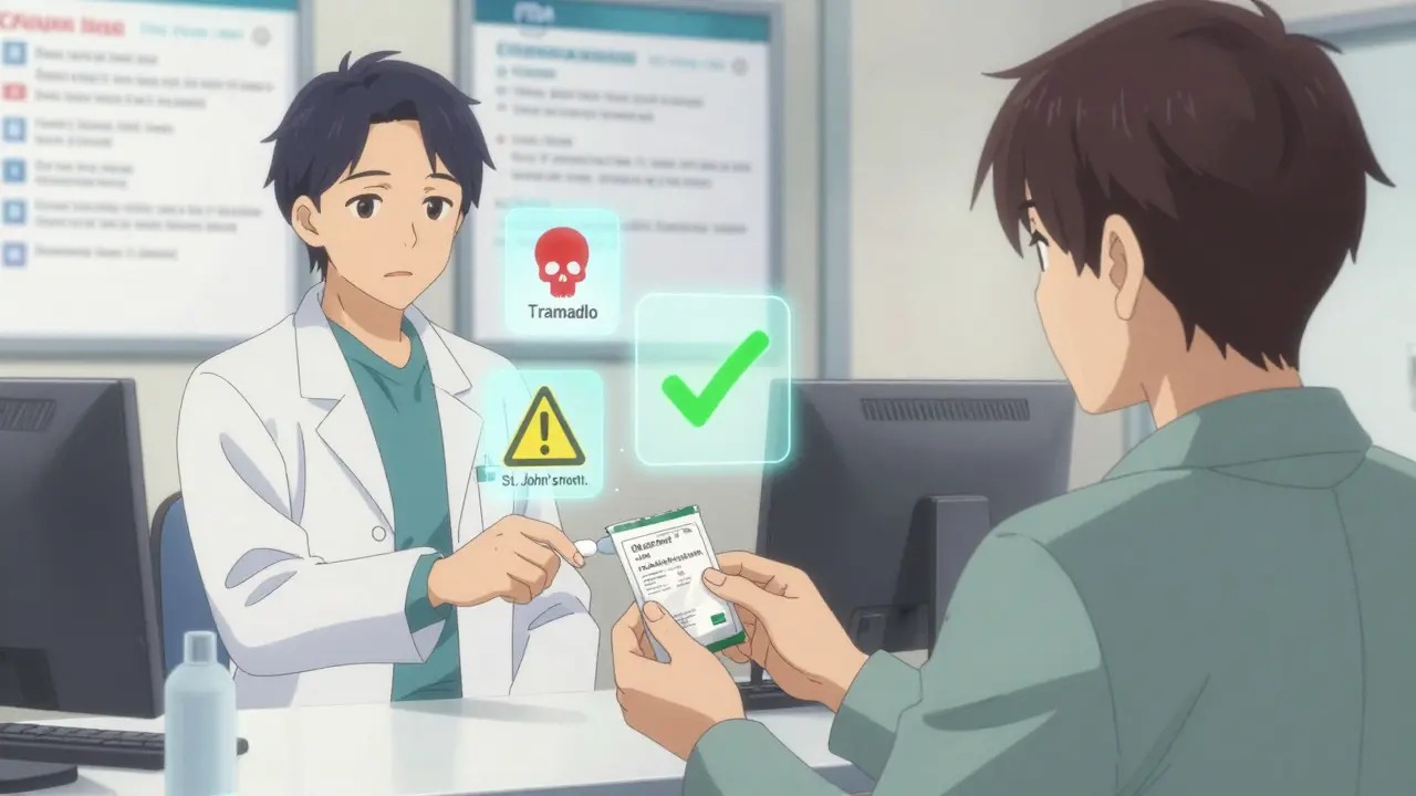 Pharmacist handing medication with holographic warnings over risky drugs and a green checkmark for safe pain reliever.