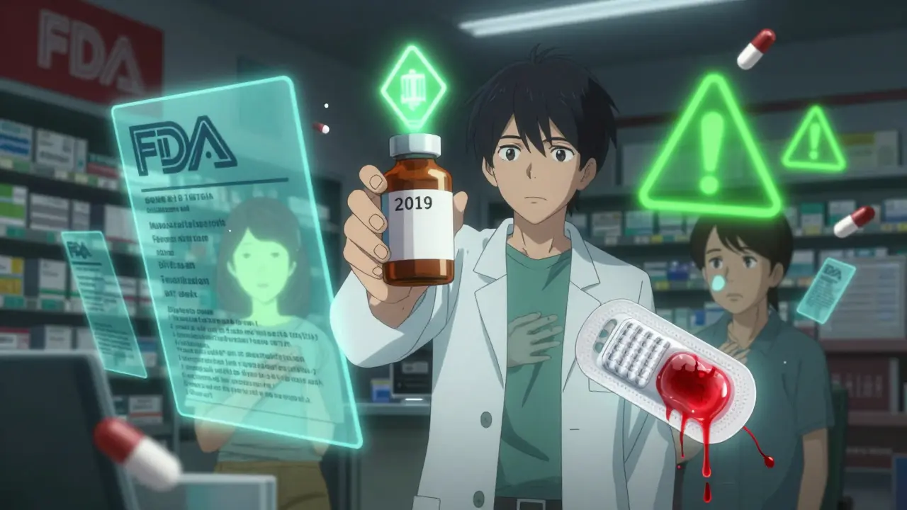 Pharmacist holding a recalled bottle with holographic recall alerts and patient silhouettes surrounding them.