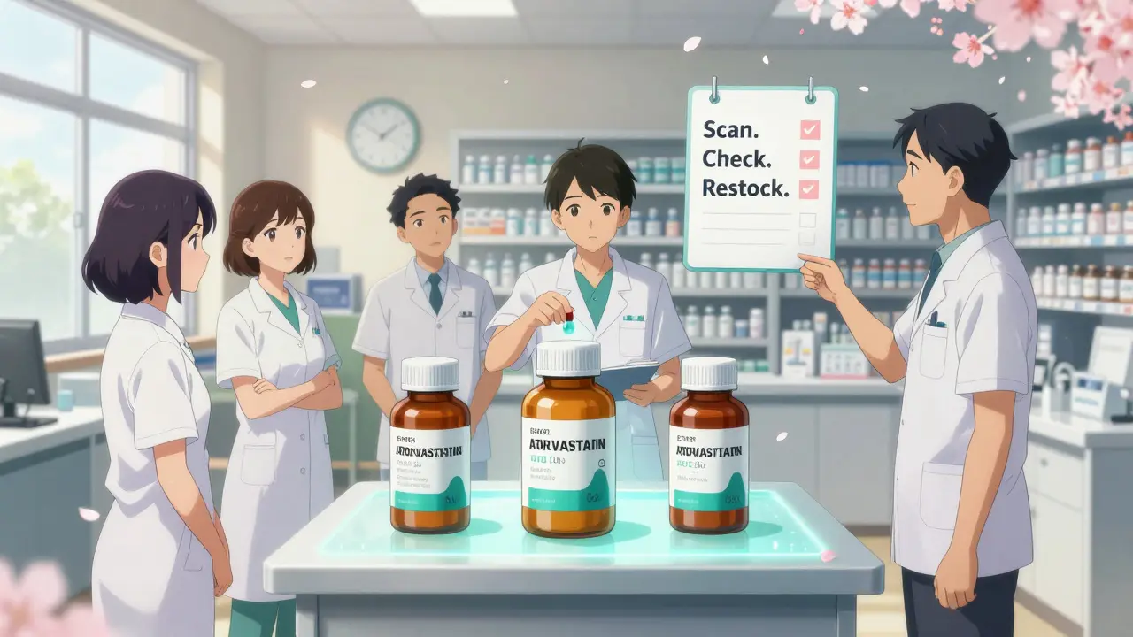 Pharmacy staff training with 3D medication models, practicing First Expired, First Out method.