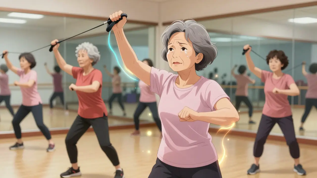 Senior woman lifting resistance bands with radiant trails during a group fitness class.