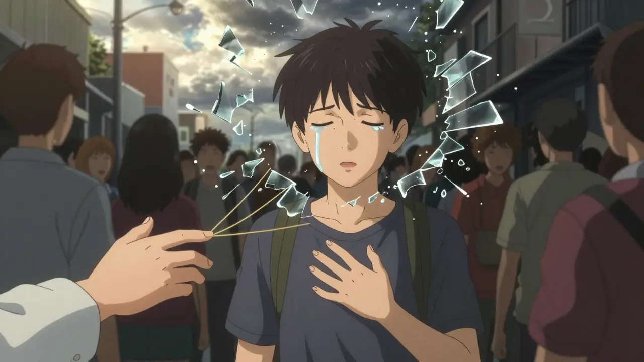 Someone in a busy street with intrusive thoughts shattering around them, hand still, accepting anxiety without ritual.