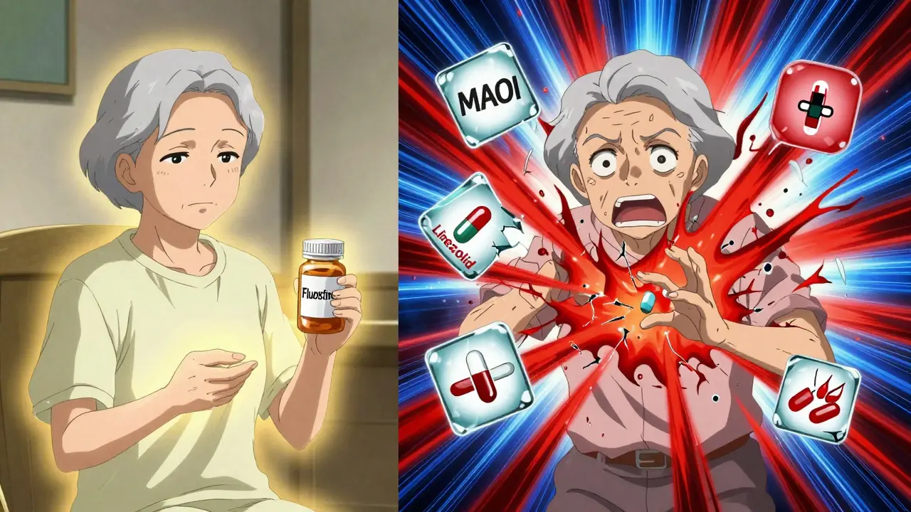 Split image of calm patient turning into chaotic serotonin overload with dangerous drug icons exploding around them.