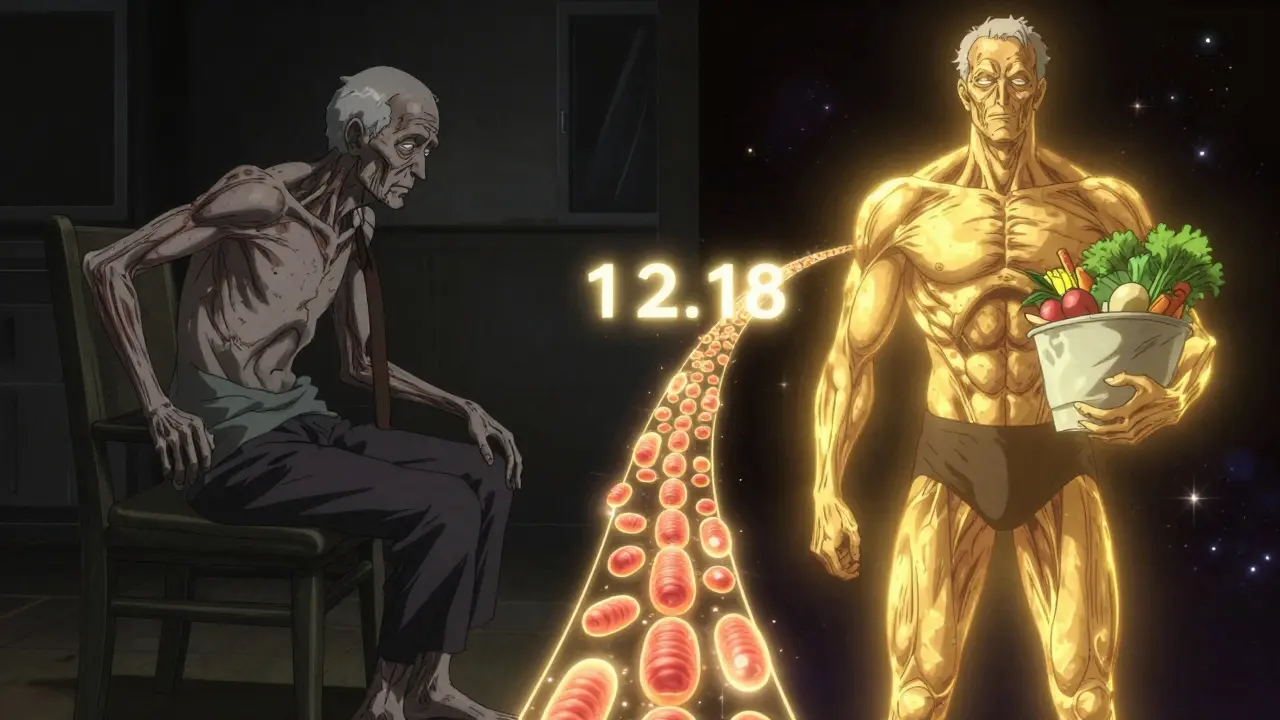 Split image showing frailty transformed into strength through training and nutrition.