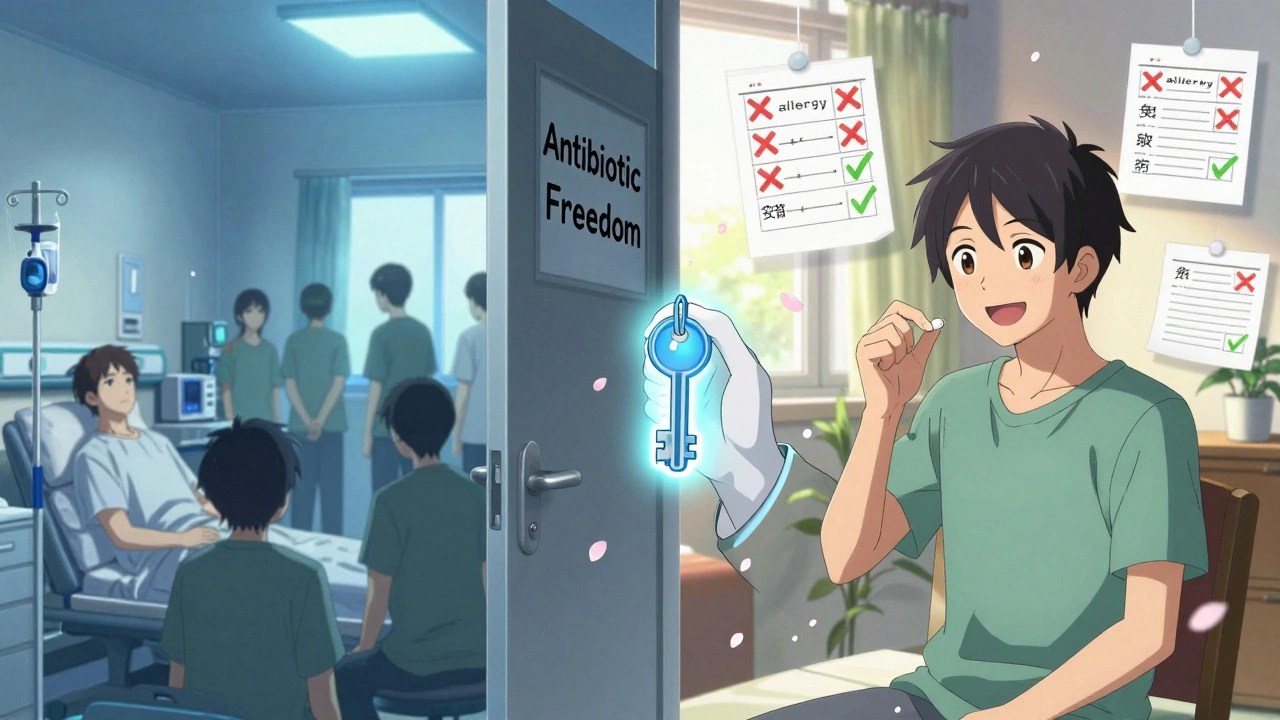 Split scene: one side shows expensive antibiotic treatment, the other shows freedom with penicillin, symbolizing allergy de-labeling.