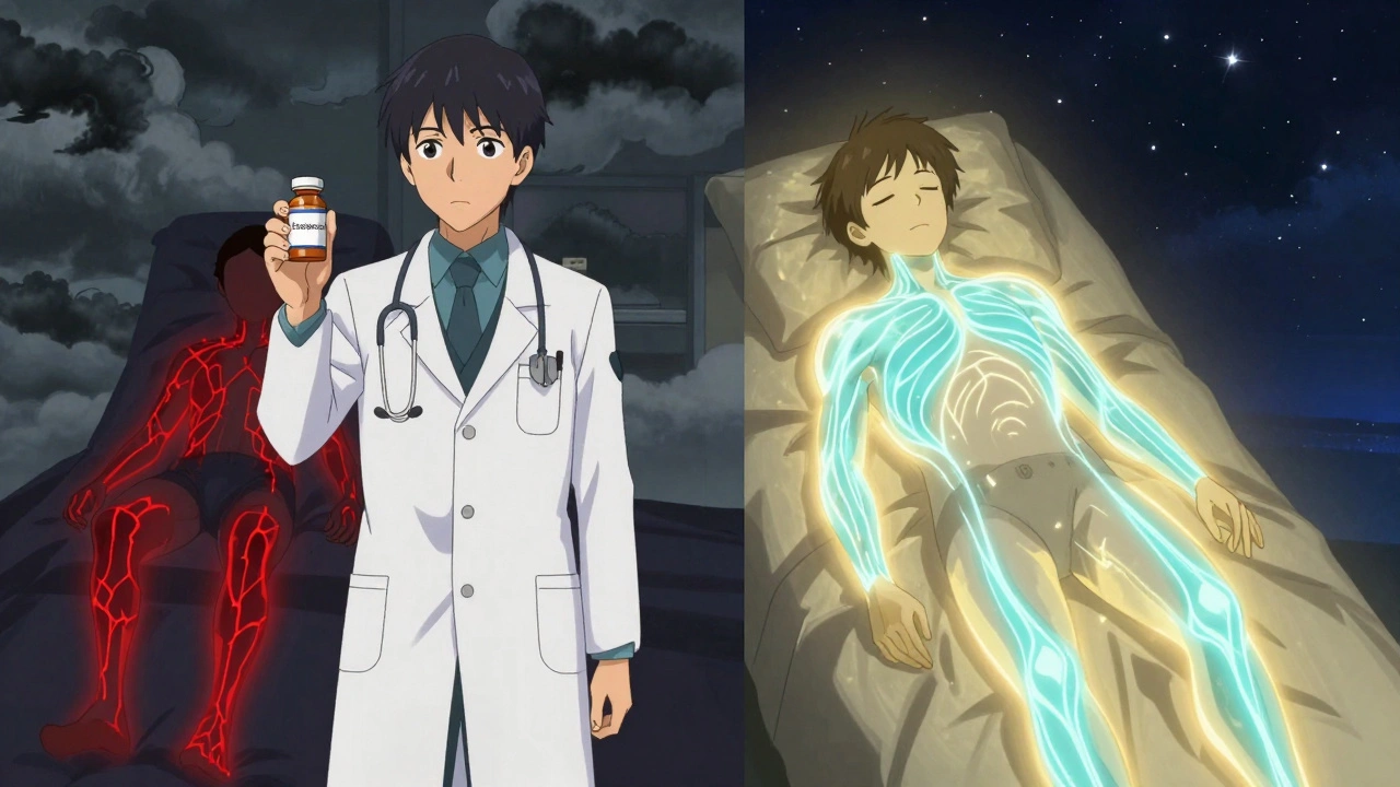 Split scene: one side shows worsening symptoms from medication, the other shows calm relief with new treatment.