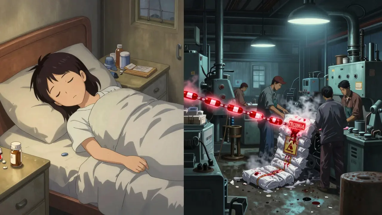 Split scene: peaceful patient at home vs. contaminated factory floor with glowing warning chains between them.