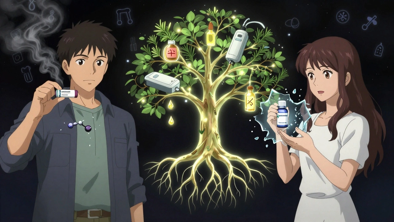 Split scene showing finasteride and spironolactone working against hair loss causes in anime style.