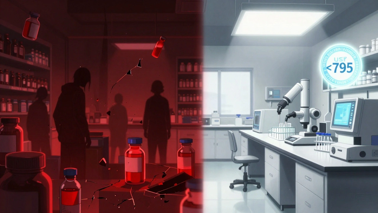 Split-screen: chaotic unsafe compounding vs. pristine accredited lab with USP safety symbols.