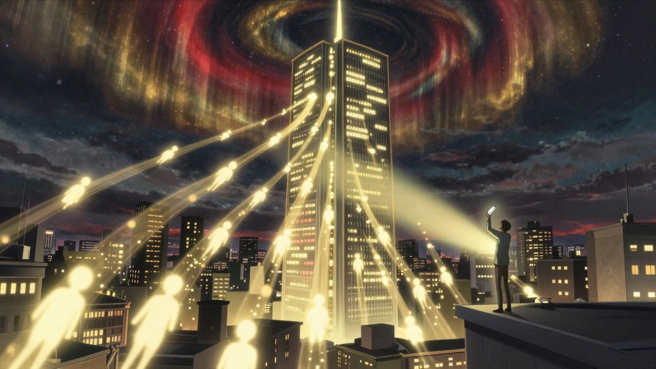 Thousands of patient data streams flowing into a giant FDA server tower at night.