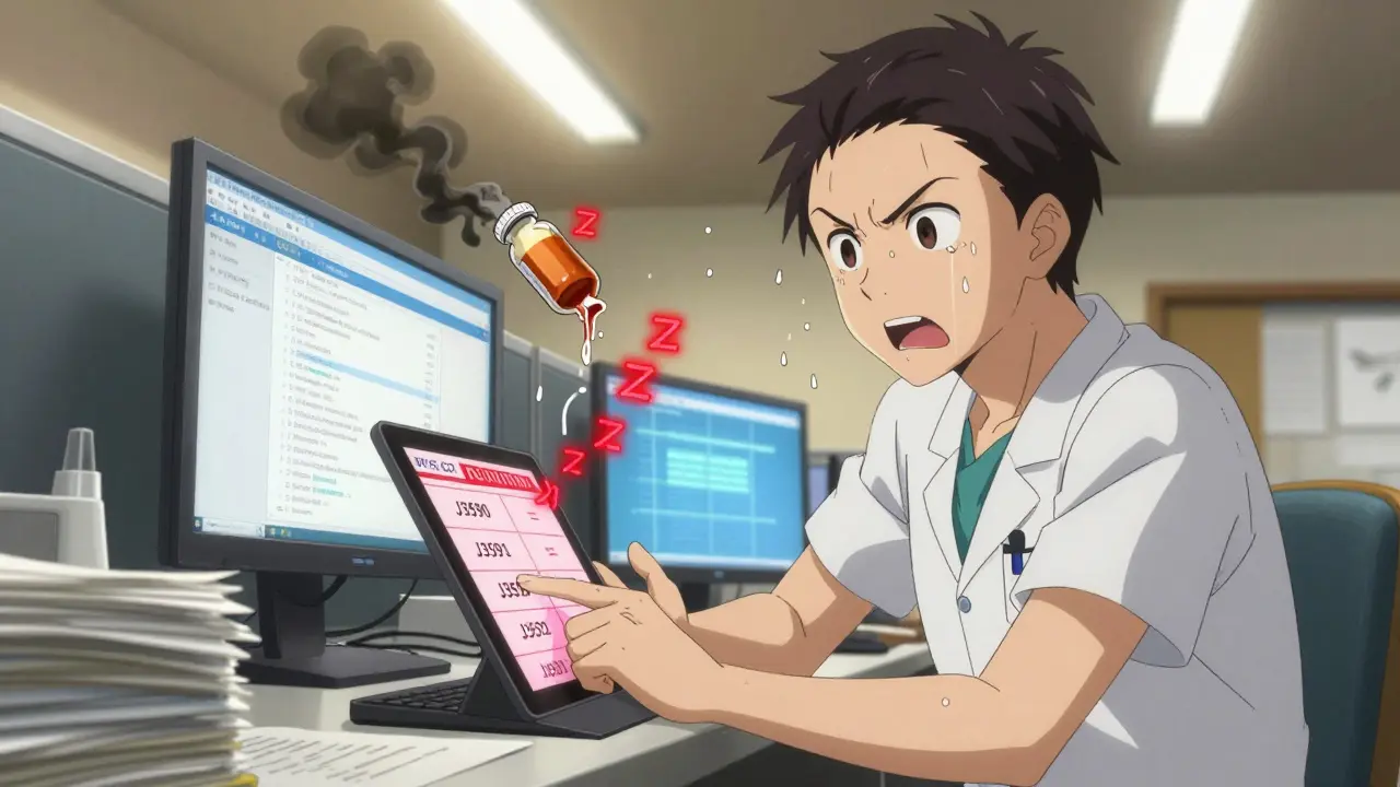 A billing specialist struggles with flashing HCPCS codes and JZ modifier errors in a cluttered office.