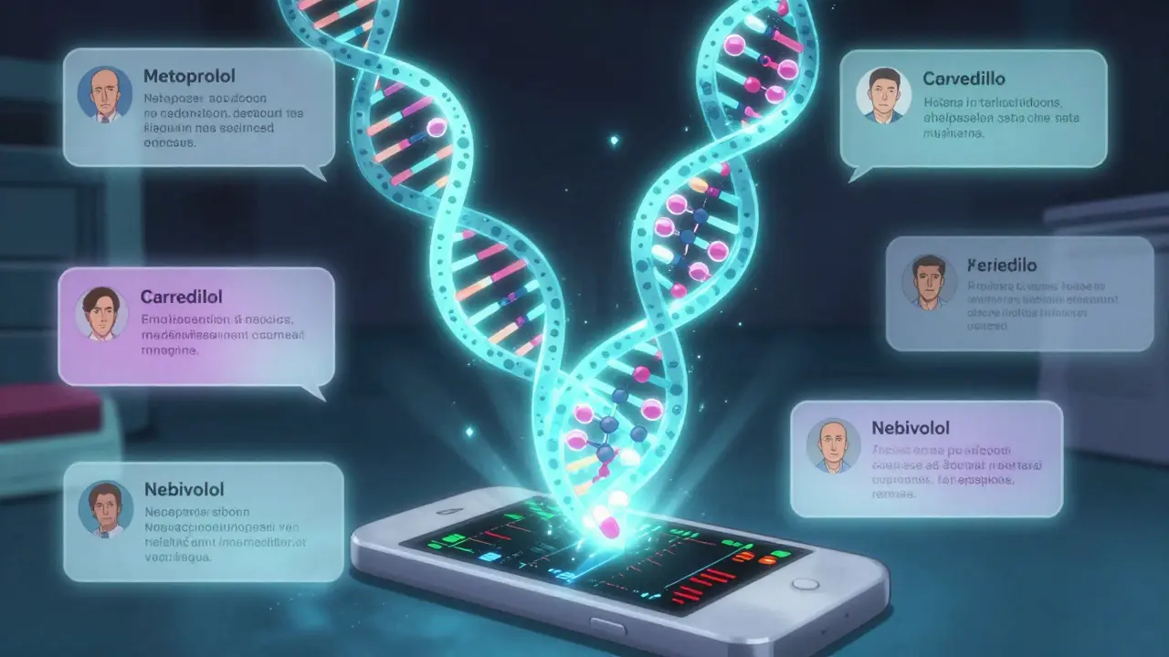 A glowing DNA helix displaying personalized beta-blocker recommendations with molecular structures and patient vitals floating nearby.