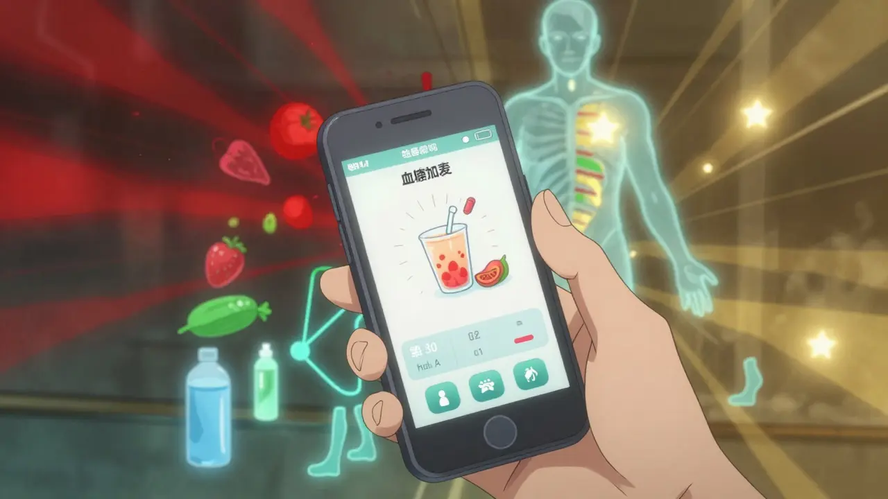 A hand holding a glucose monitor app with a translucent healthy body overlay, showing metabolic improvement through lifestyle.