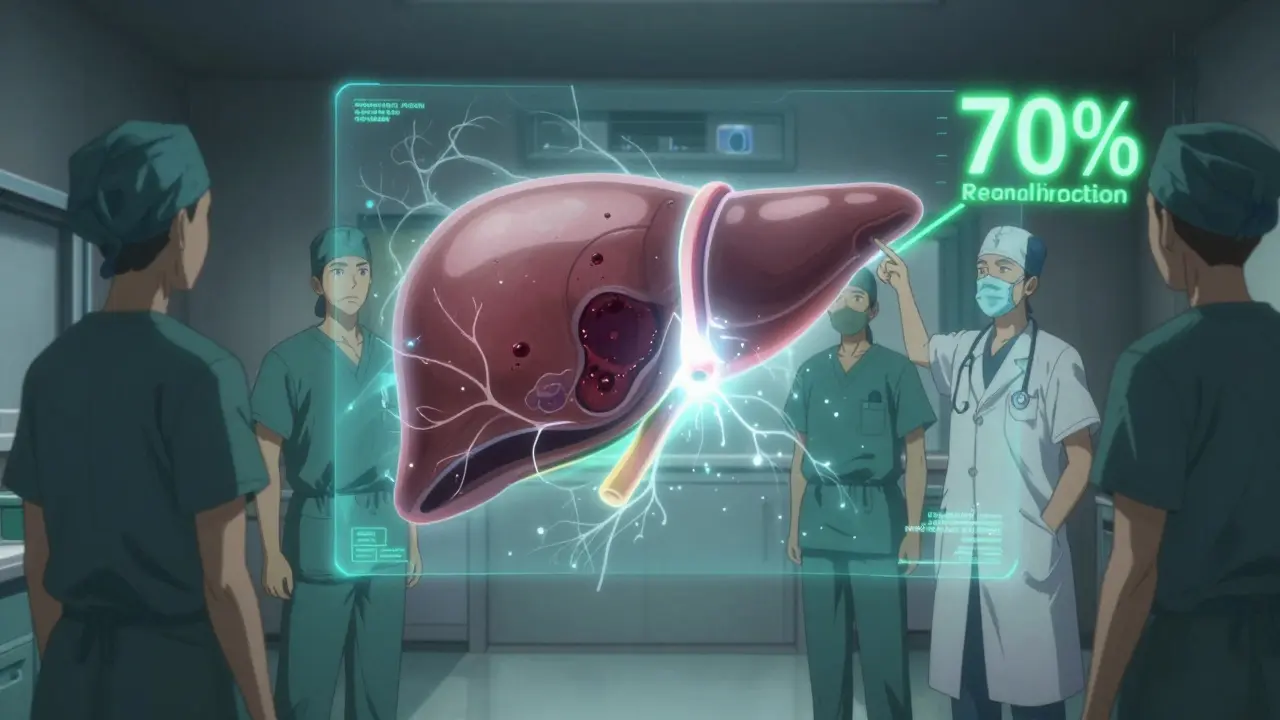 A holographic liver scan showing a clot dissolving as medical staff observe, with glowing recanalization data.