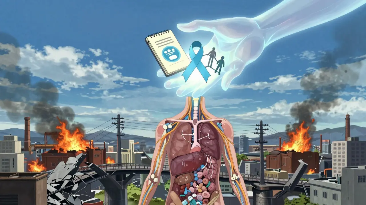 A human body as a crumbling city with damaged nerves and organs, while a radiant hand offers tools of healing and connection.