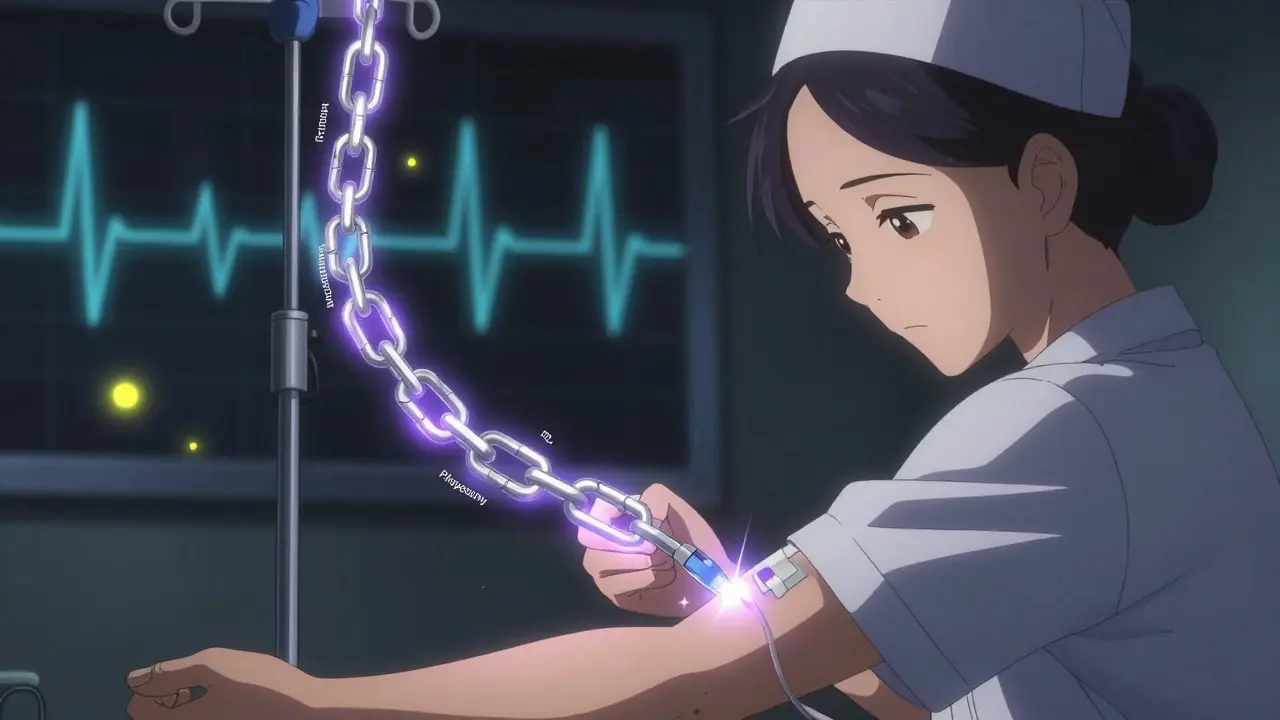 A nurse inserting an IV as broken electrolyte links reconnect with radiant energy, illuminating the patient.