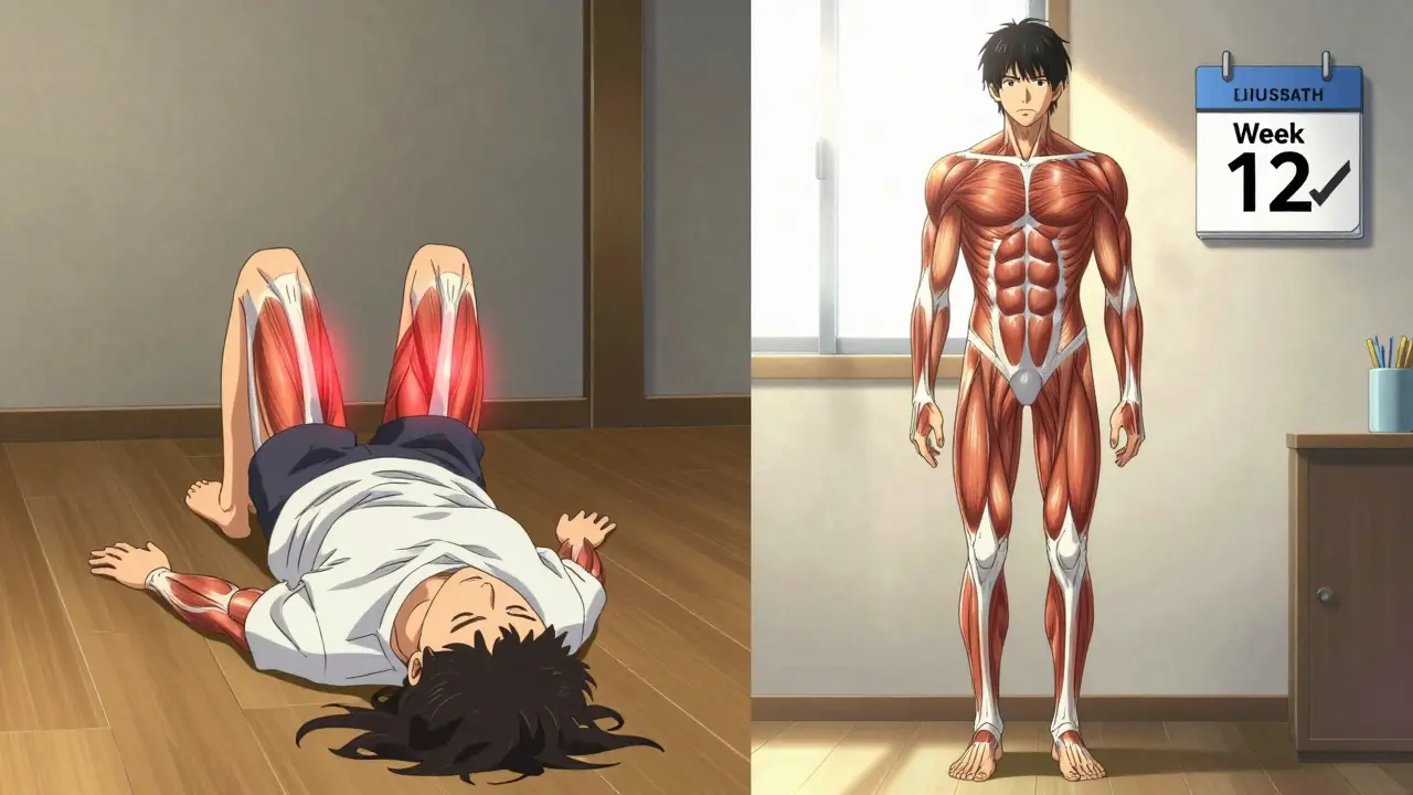 A patient before and after physical therapy, showing muscle recovery from steroid myopathy.