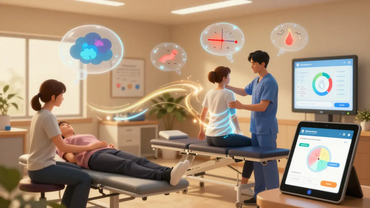 A patient receives multidisciplinary pain treatment in a clinic with floating thought-bubbles, guided movement, and a digital therapy app.
