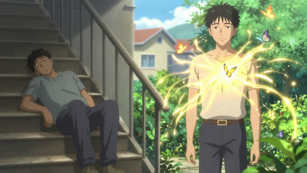 A patient transitioning from exhaustion to vitality, with glowing nitric oxide energy surrounding their body in a sunlit garden.