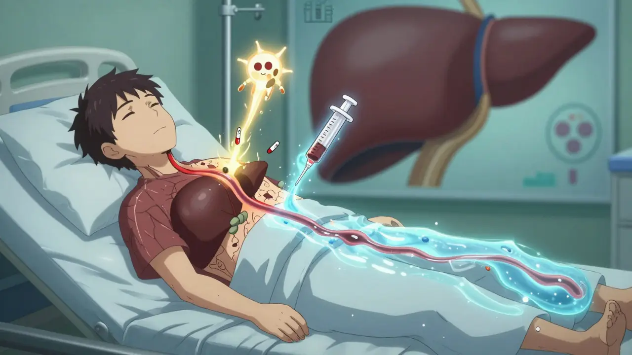 A patient with opposing energy streams representing untreated vs treated portal vein thrombosis in anime style.