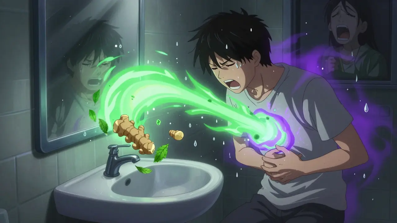 A person clutching their stomach as nausea energy swirls around them, with ginger and peppermint leaves floating nearby.
