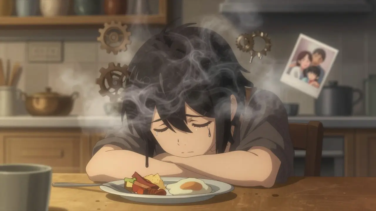A person slumped at a table, engulfed in foggy drowsiness, with blurred family photos and cooling food around them.