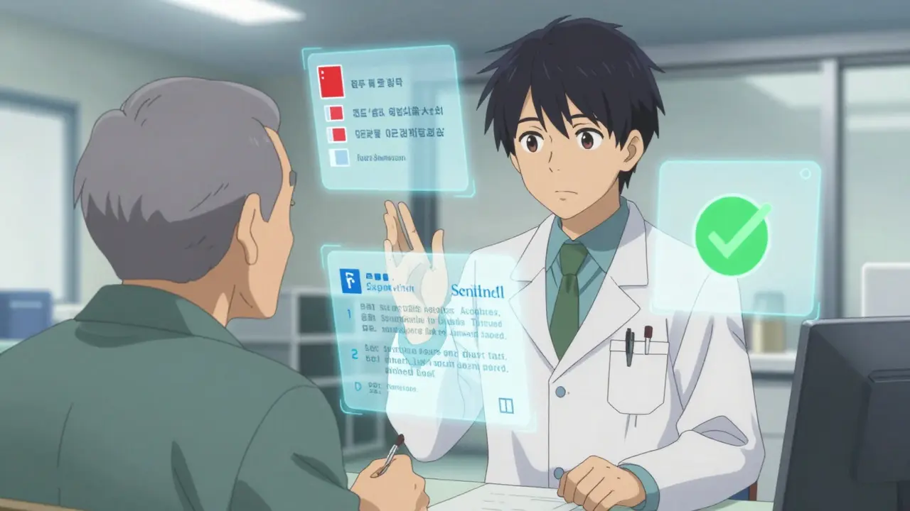 A pharmacist speaks with an elderly patient as holographic drug safety alerts shimmer around them.