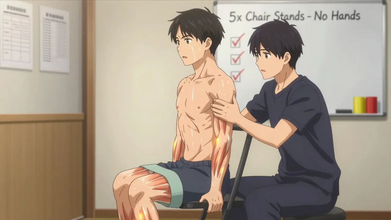 A physical therapist assisting a patient with chair stand exercises using resistance bands.