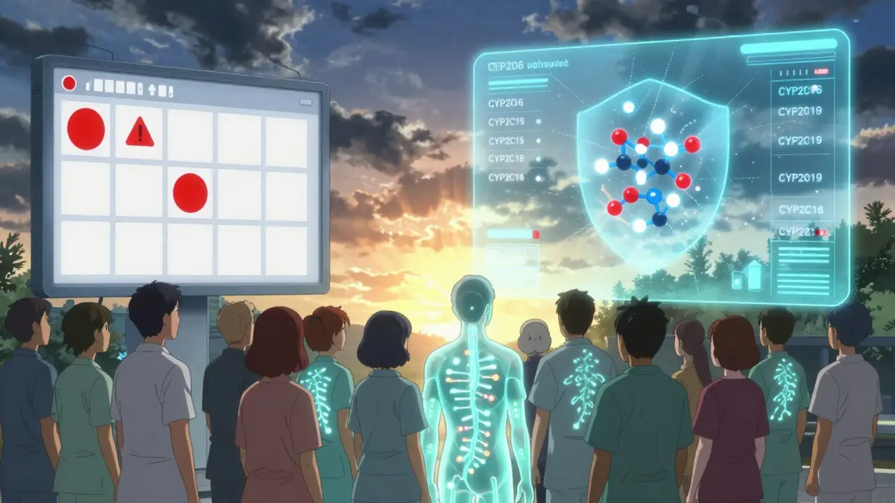 A split-screen battle between outdated drug checkers and advanced pharmacogenomic AI predicting risks.