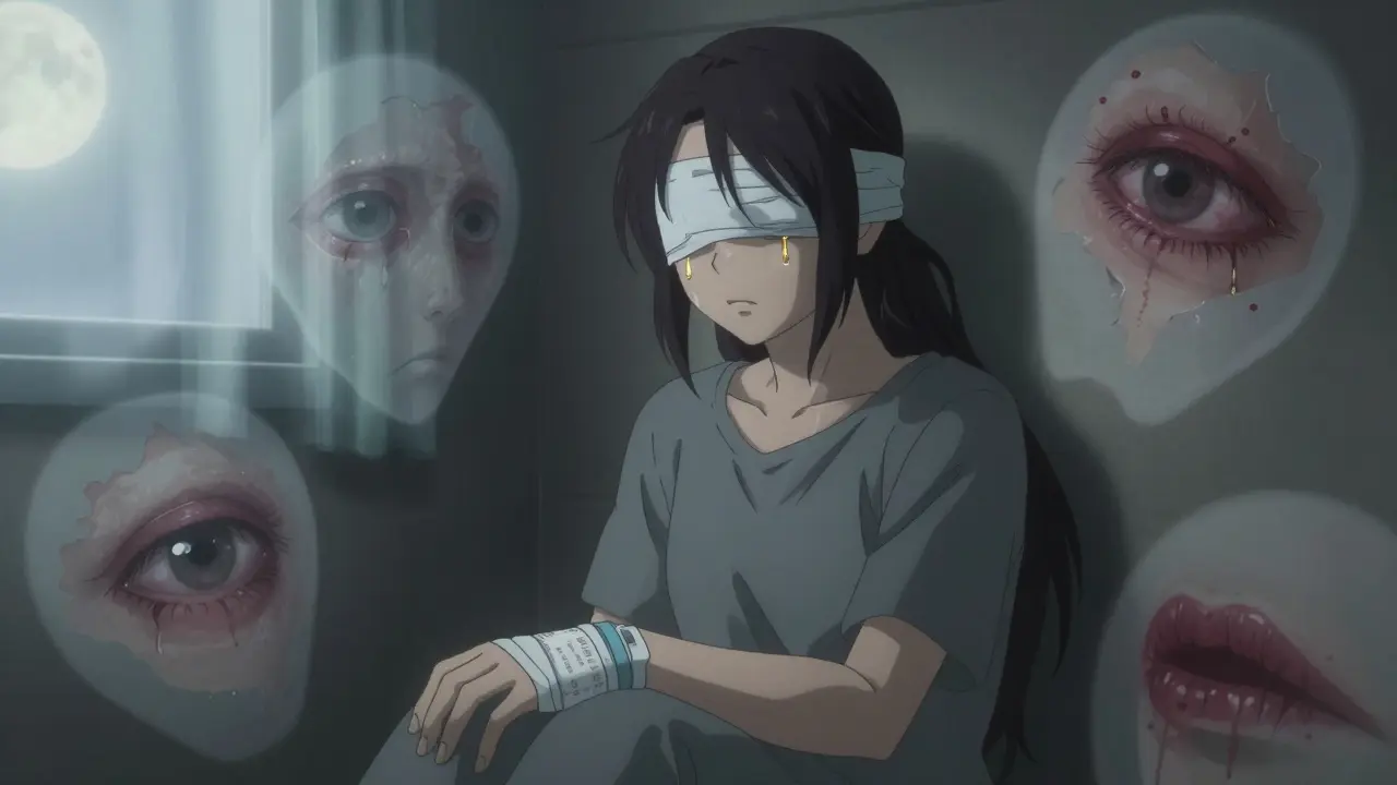 A survivor with bandaged eyes and a medical alert bracelet, ghostly images of past injuries surrounding them.