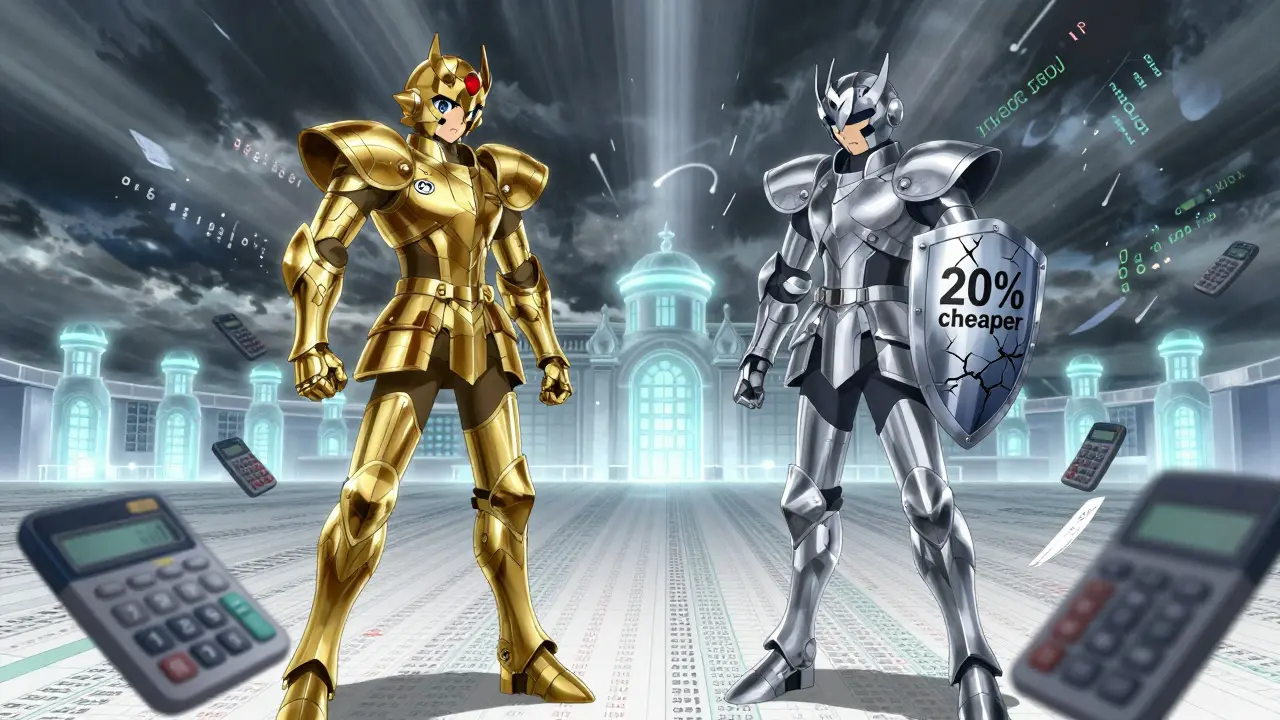 A symbolic battle between expensive biologic and biosimilar figures in a Medicare payment landscape.