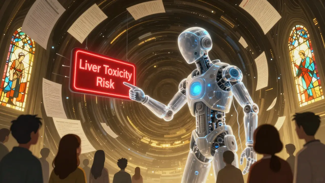AI co-pilot emerging from patient data vortex, highlighting a liver toxicity warning with glowing symbols.