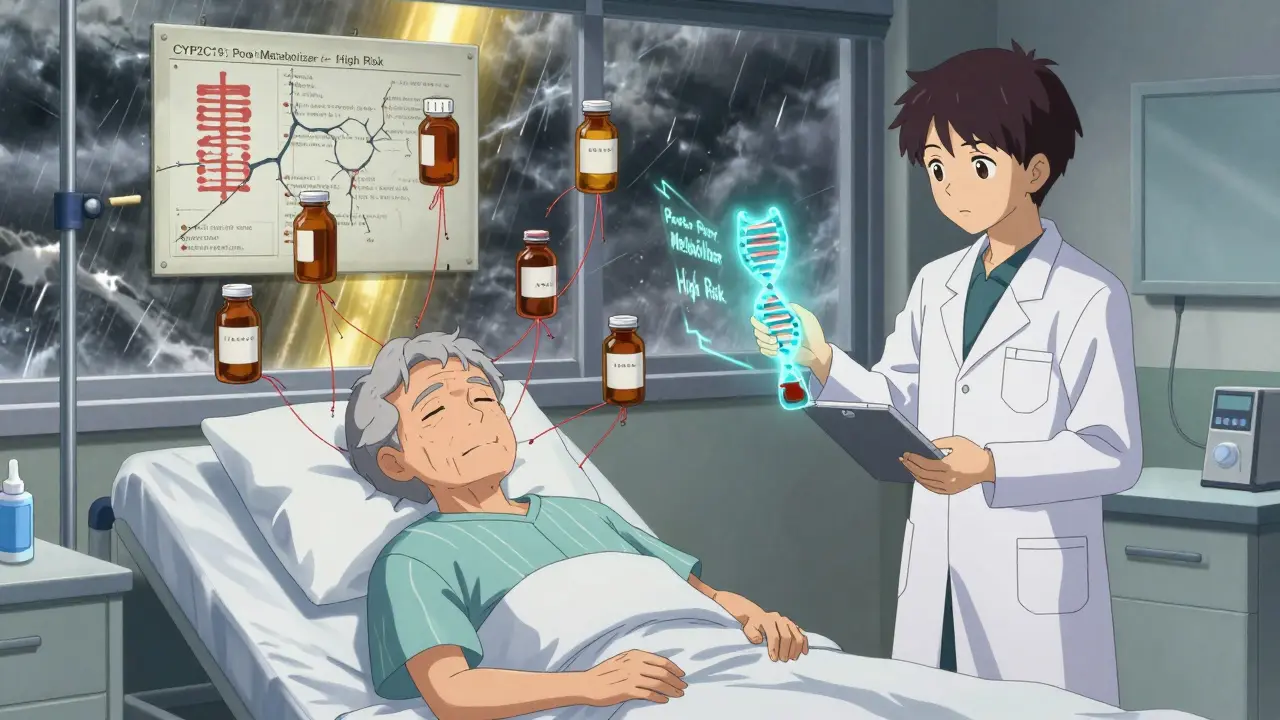 An elderly patient in a hospital bed with floating meds and a DNA scanner projecting a genetic risk warning.