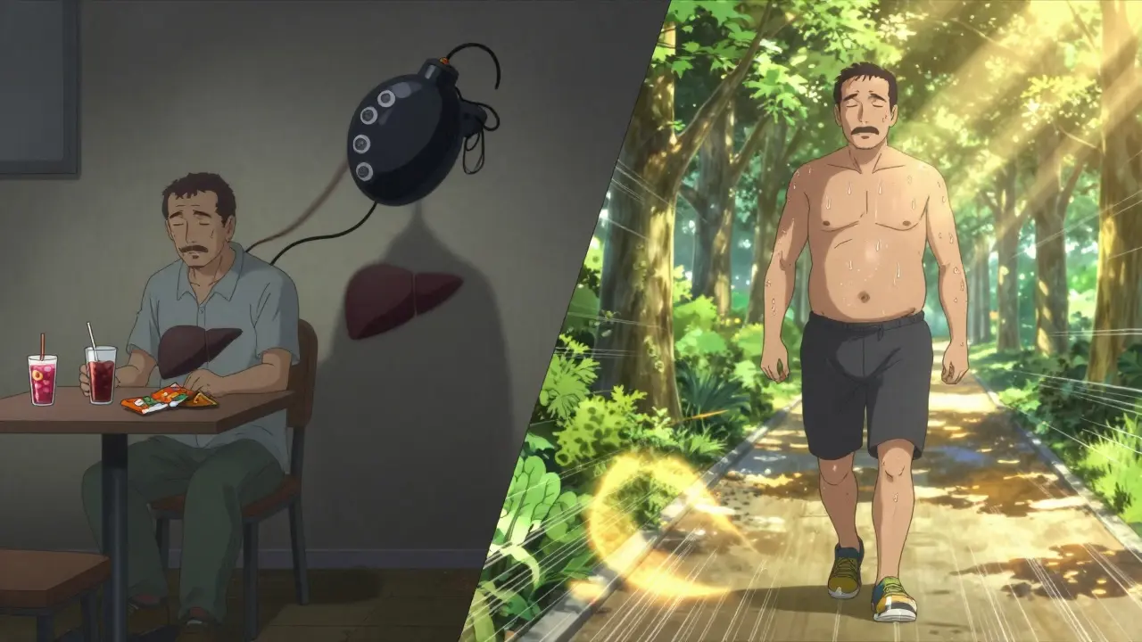 Before and after scene of a man transforming from unhealthy habits to active lifestyle, with symbolic shadows and light.