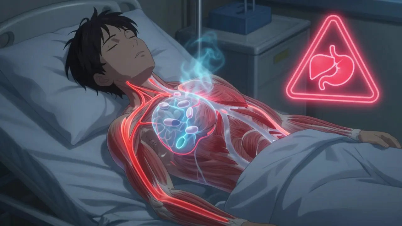 Body overlay showing NSAID and acetaminophen pathways with warning icons for liver and stomach safety.