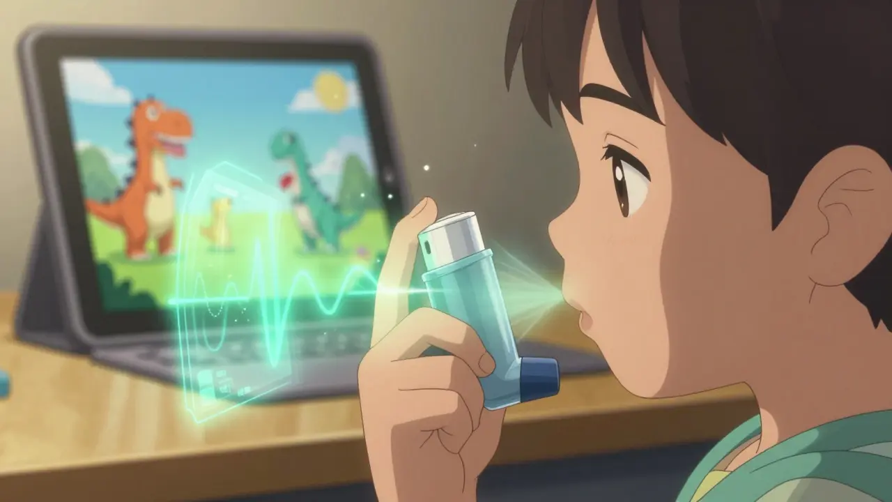 Child using a spacer with glowing medicine particles and a digital breathing guide during treatment.