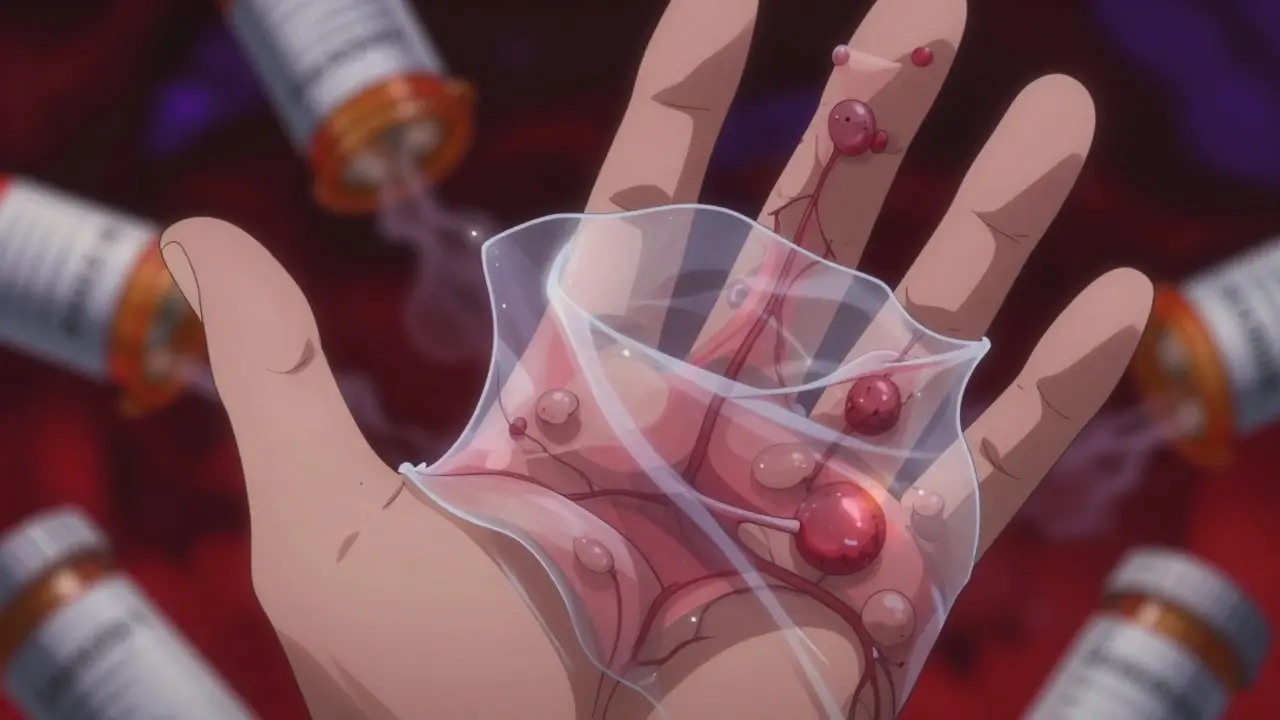 Close-up of a hand with blistering skin and dissolving medication bottles in the background.