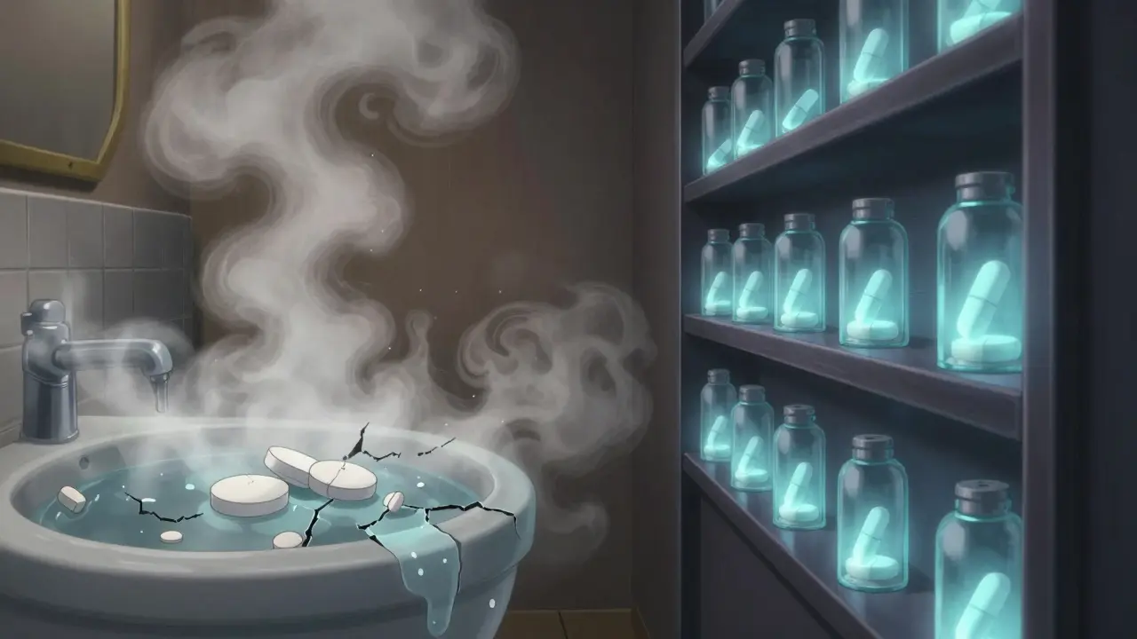 Contrast between humid bathroom where pills degrade and a dry, safe storage shelf.