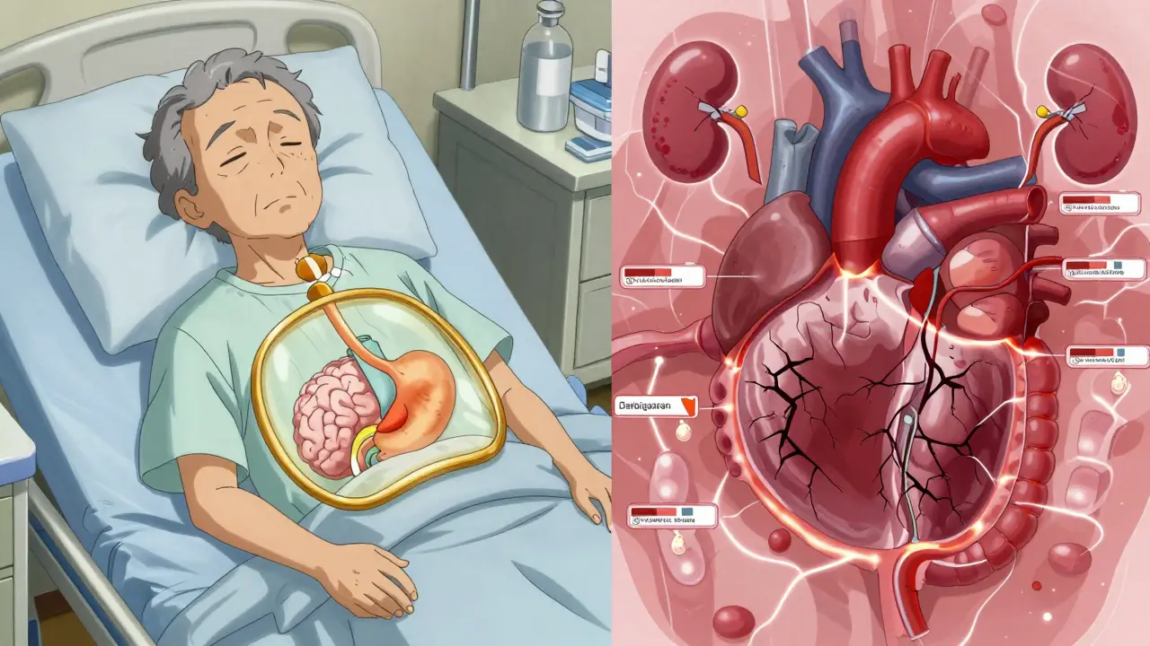 Elderly patient protected by apixaban's shield while other drugs cause internal bleeding.