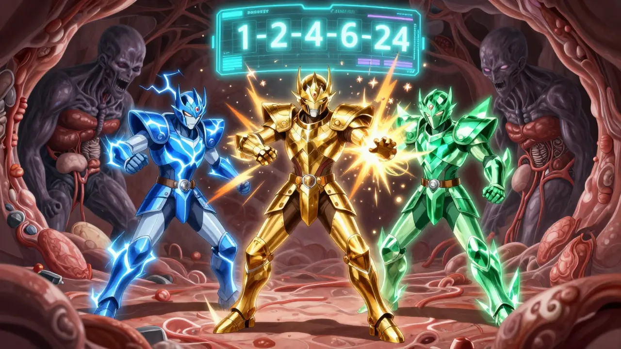 Elemental warriors of potassium, magnesium, and phosphate fighting organ failure inside a human body, in anime style.